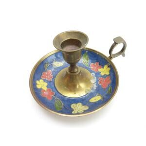 Vintage Brass Candleholder with Red Flower Design